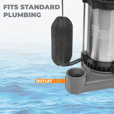 3/4 HP Submersible Sump Pump 5500 GPH With Vertical Float Switch Cast Iron And Stainless Steel Housing Copper Motor