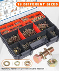 Massive 1500 Piece Metric Bolt and Nut Kit with 19 Sizes M4 to M8 in storage box with bolts and nuts displayed.