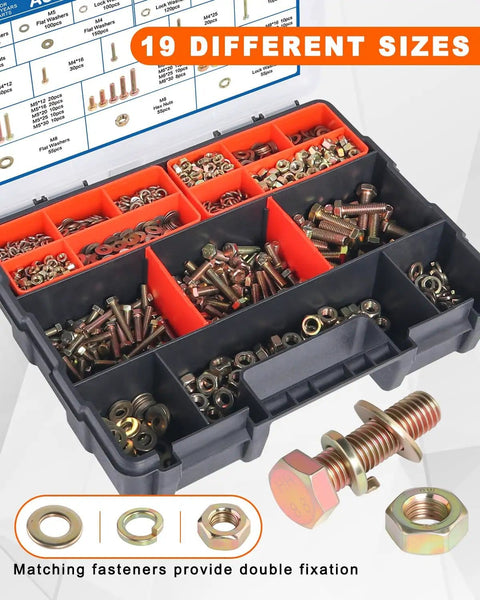 Massive 1500 Piece Metric Bolt and Nut Kit with 19 Sizes M4 to M8 in storage box with bolts and nuts displayed.