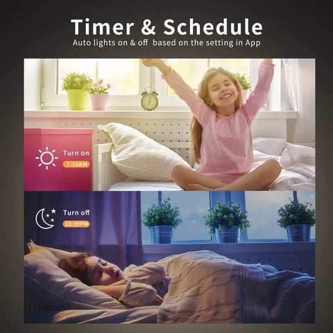 Girl waking and sleeping, showcasing timer feature of 4 Pack 4 Inch RGB LED Recessed Downlights With J Box 10W 800LM