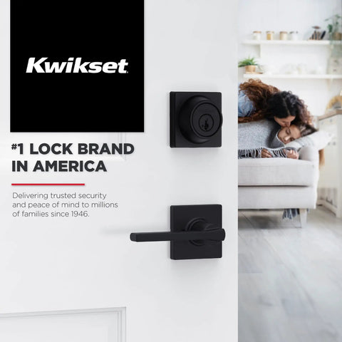 Casey Dummy Door Handle For Closets And Pantry, Single Sided Lever For French Doors in matte black on a white door with Kwikset logo