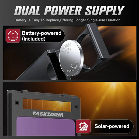 Auto Darkening Welding Helmet With Large Viewing Area And True Color Lens dual power supply image showcasing battery and solar power options