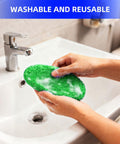 Hands washing a green microfiber pad under a faucet, showcasing the reusable pad from the Extendable Car Window Cleaner kit.