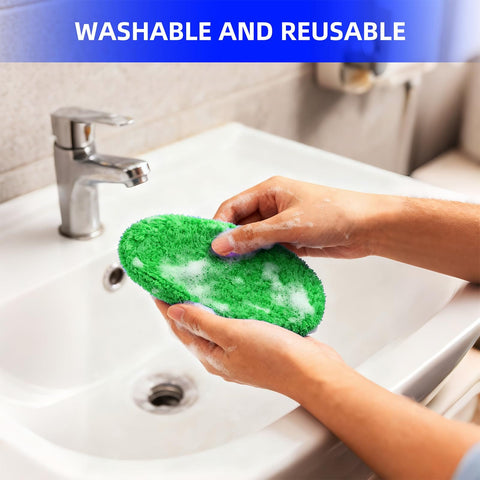 Hands washing a green microfiber pad under a faucet, showcasing the reusable pad from the Extendable Car Window Cleaner kit.