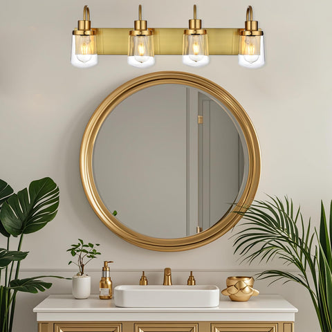 4 Light Vanity Light In Painted Gold Finish With Clear Glass Shades, Farmhouse Style Wall Lamp Fixture For Indoor Use above mirror