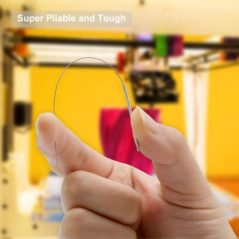 Close-up of a hand holding a flexible 0.4mm stainless steel cleaning needle from the 3D Printer Nozzle Cleaning Kit 13 Piece Set