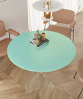 Thick Pastel Mint Metallic Peel And Stick Wallpaper With Brushed Matte Surface Gives Your Space A Straight Up Glow Up Self Adhesive Removable Backsplash For Quick DIY Upgrades on a round table with decor.