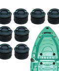 Large 8 Pack Kayak Scupper Plugs Kit With Silicone Handle next to kayak deck, waterproof and leakproof stoppers