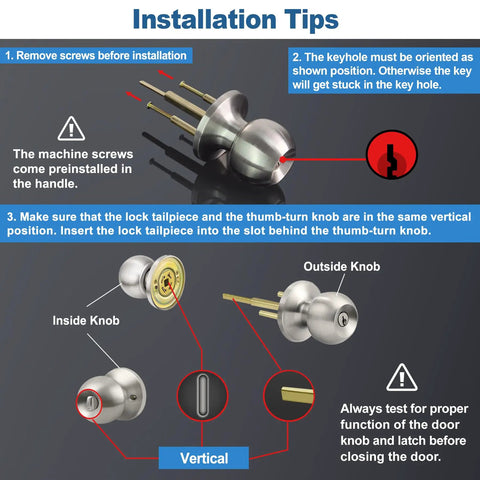 Installation tips for Three Pack Door Knob With Lock And Key, Keyed Different Entry Door Knob, Satin Nickel Finish, includes diagrams.