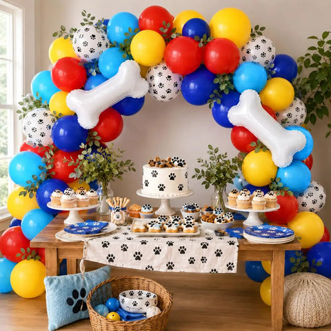 Pawsome Dog Theme Party Balloons Set 35 Pack 12 Inch Latex Paw Print Balloons In Red Yellow Blue Plus Bone Foil Balloons backdrop