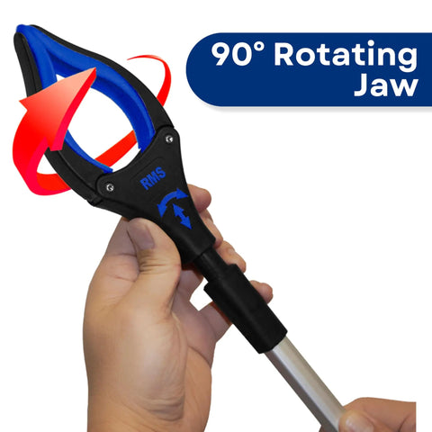 Close-up of 34 Inch Extra Long Reacher Grabber With Foldable Gripper And Rotating Jaw For Easy Pickup showing rotating jaw feature.