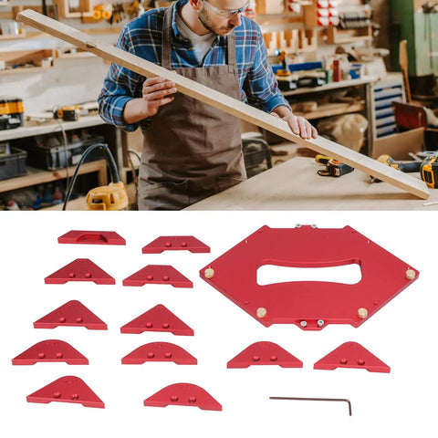 Pro Grade Router Table Corner Jig And Radius Template Kit For Hustling Carpenters featuring heavy duty aluminum construction and red trim.