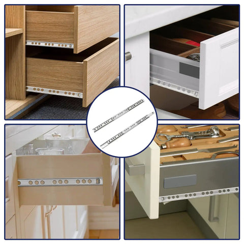 The Real Deal Stainless Steel Drawer Slides Heavy Duty Ball Bearing Cabinet Runners installed in wooden and white dressers, 246mm length.