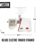 Weston Deluxe Electric Tomato Strainer and Food Mill Sauce Maker with white bowl, stainless steel body, 250W motor, 16.7" wide.