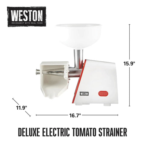 Weston Deluxe Electric Tomato Strainer and Food Mill Sauce Maker with white bowl, stainless steel body, 250W motor, 16.7" wide.