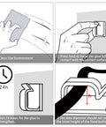 Installation steps for Adhesive Cable Clips 120 Pcs Black, showing cleaning, pressing, waiting time, and cable installation.