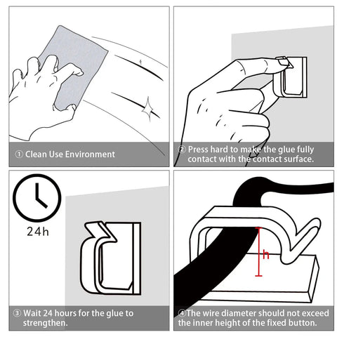 Installation steps for Adhesive Cable Clips 120 Pcs Black, showing cleaning, pressing, waiting time, and cable installation.