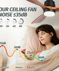 Wood Ceiling Fan With Light Energy Saving 52 Inch DC Motor Ultra Quiet 3 Blades 6 Speeds Indoor Outdoor Ceiling Fan For Patio Porch Bedroom Living Room Brown Walnut Finish shown operating quietly in bedroom with sleeping woman.