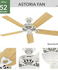 Astoria 52 Inch White Ceiling Fan With LED Light Kit And Pull Chain Quiet Multi Speed Whisper Wind Motor For Living Room