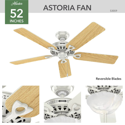 Astoria 52 Inch White Ceiling Fan With LED Light Kit And Pull Chain Quiet Multi Speed Whisper Wind Motor For Living Room