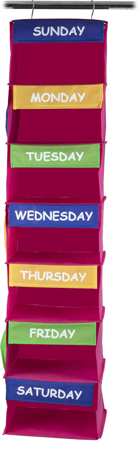 Seven Shelf Kids Hanging Closet Organizer With Weekday Labels In Pink Portable Wardrobe Storage For Easy Outfit Planning