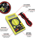 Digital Multimeter Tester 2000 Counts With AC DC Voltmeter Ohm Volt Amp Meter For Home And Auto Use DIY Friendly Measures Voltage And DC Current Auto Zero Adjust 9V Battery Included with test leads and features labeled.