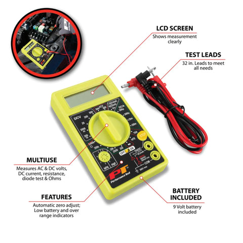 Digital Multimeter Tester 2000 Counts With AC DC Voltmeter Ohm Volt Amp Meter For Home And Auto Use DIY Friendly Measures Voltage And DC Current Auto Zero Adjust 9V Battery Included with test leads and features labeled.