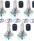 Ultimate 5 Pack EC11 Rotary Encoders with push button, 360 degree turn, 5 pins, knob caps, and components for Arduino projects.