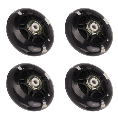 Four 69mm inline skate wheels with bearings, ultra quiet PU rubber shock absorption, strong grip, easy install replacement.