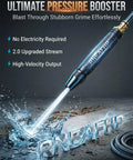 Turbo Boost High Pressure Water Gun With Booster Nozzle, Beast Mode Power, showing water spray and text of features