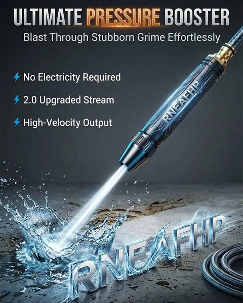 Turbo Boost High Pressure Water Gun With Booster Nozzle, Beast Mode Power, showing water spray and text of features