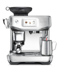Certified Remanufactured Automatic Espresso Machine With Built In Grinder And Steam Wand, silver finish, showcasing brewing components.