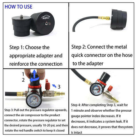Wzyblixo turbo leakage tester kit, 9-piece black metal set with hose, gauge and brass adapters; how-to-use infographic