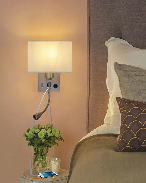 Two Pack Bedside Lights Plug In Wall Sconces With Dual USB Charging Ports Per Lamp Dimmable Reading Lamp Fabric Shade On Off Switch Brushed Nickel Finish Ideal For Home Or Hotel