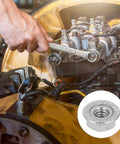 Top Notch Serrated Flange Hex Lock Nuts 50 Pack Crafted From Durably Strong 304 Stainless Steel Full Thread Non Slip Fasteners With A Slick Bright Silver Finish For Every Rig And Project being used on a machine with a wrench.