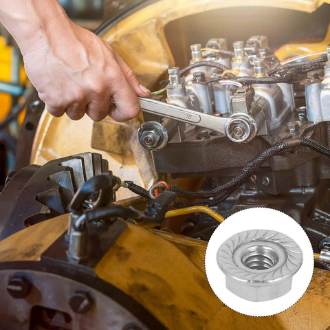 Top Notch Serrated Flange Hex Lock Nuts 50 Pack Crafted From Durably Strong 304 Stainless Steel Full Thread Non Slip Fasteners With A Slick Bright Silver Finish For Every Rig And Project being used on a machine with a wrench.