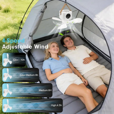 Couple relaxing in tent under Portable Tent Fan With Built In Lights And Remote USB Rechargeable Camping Fan Wireless Tent Fan With 4 Speeds And Timer