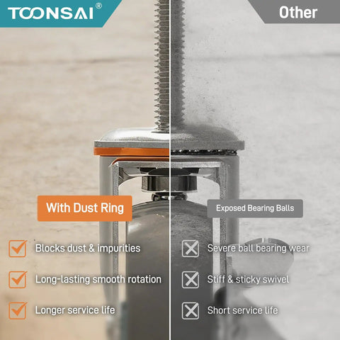 Comparison of roller mechanisms with dust ring versus exposed bearing balls for Super Smooth Rolling 3 Inch Caster Wheels Set Of Four Heavy Duty Rubber Casters With Threaded Stem 660 Pound Capacity.