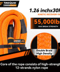 Close-up of 1.26 inch x 30 ft Kinetic Recovery Rope with 55,000 lb strength and double braid high-density nylon core.