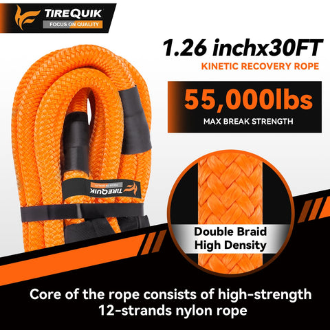Close-up of 1.26 inch x 30 ft Kinetic Recovery Rope with 55,000 lb strength and double braid high-density nylon core.