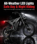 Heavy Duty Off Road Electric Dirt Bike With A Beast Mode 60V 30Ah Battery And 6000W Peak Motor showing all-weather LED lights for day & night use.