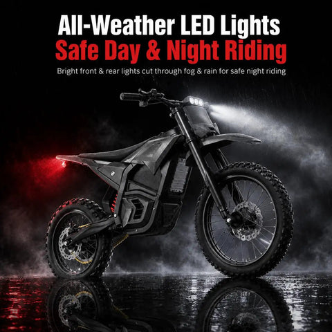 Heavy Duty Off Road Electric Dirt Bike With A Beast Mode 60V 30Ah Battery And 6000W Peak Motor showing all-weather LED lights for day & night use.