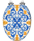 Toilet Seat Elongated Resin for Bathroom in decorative blue and orange floral design, suitable for standard toilets.