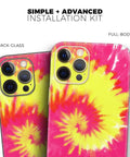 Full Body Skin Decal Wrap Kit For iPhone 11 Spiral Tie Dye V2 showcasing vibrant pink and yellow design on back-glass.
