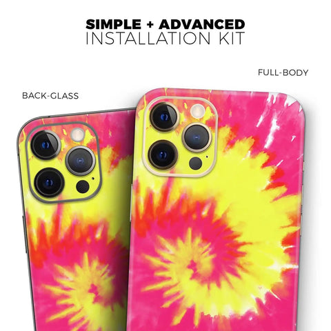Full Body Skin Decal Wrap Kit For iPhone 11 Spiral Tie Dye V2 showcasing vibrant pink and yellow design on back-glass.