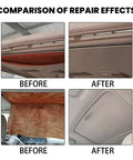 Comparison image showing before and after effects of Headliner Repair Adhesive for upholstery and roof liner quick fix in car interiors.