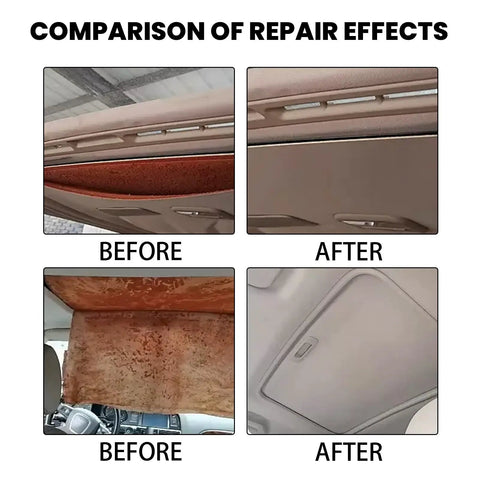 Comparison image showing before and after effects of Headliner Repair Adhesive for upholstery and roof liner quick fix in car interiors.