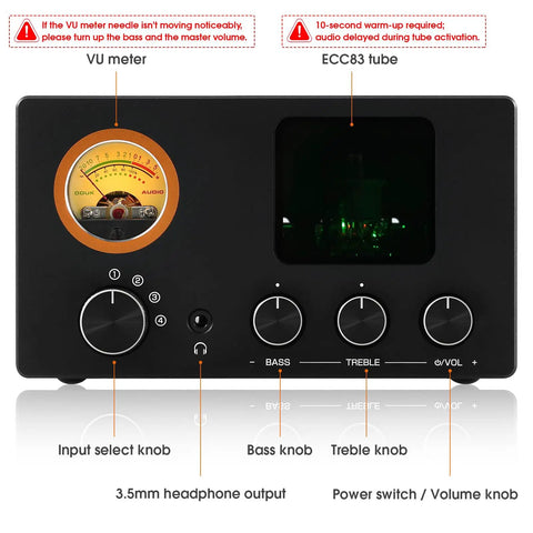 Vacuum Tube Preamplifier And Headphone Amp With VU Meter, 4-Way RCA Selector, Tone Control, No-Nonsense Splitter Box For Receivers, Amps, And Speakers, Powers 16-600 Ohm Headphones, Tube-T5C front panel with VU meter and knobs