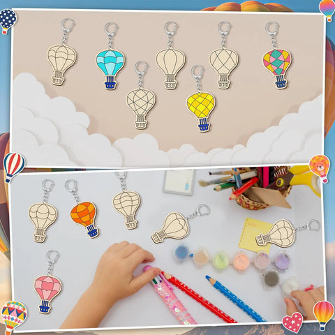 Color Your Own Hot Air Balloon Keychains Kit With 24 Wooden Blanks, 12 Styles, DIY Craft Set For Kids And Adults on display and in use