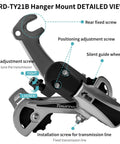 Detailed view of 6/7 Speed Derailleur Hanger Mount in silver aluminum alloy with labeled screws and positioning features.